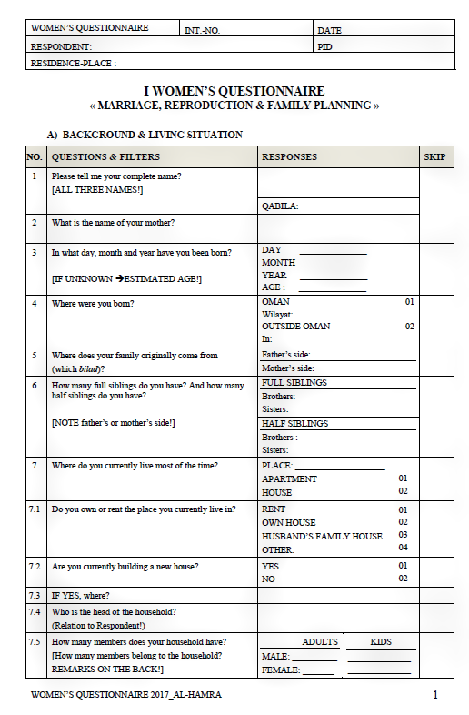 Excerpt (Page 1) from a 14-page, unfilled questionnaire designed to collect birth stories from women as part of doctoral research on marriage, reproduction, and family planning in northern Oman, Maren Jordan, 2016/17, licensed under CC BY-NC-ND 4.0