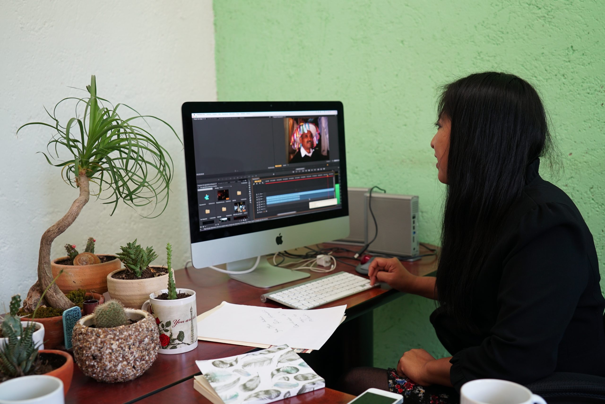 Indigenous filmmaker María Sojob editing one of her film projects. This is a still from a video interview conducted by media anthropologist Thomas John about her work on the film and her editing decisions, Thomas John, 2017, licensed under CC BY-NC-ND 4.0