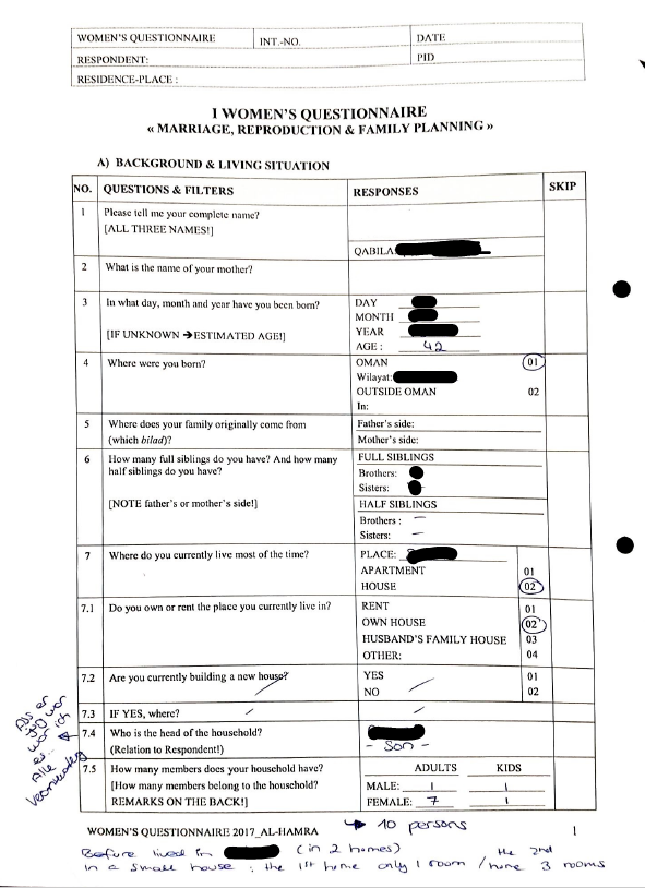 Excerpt (Page 1) of a questionnaire for collecting women's birth histories, English version, completed by the researcher, Maren Jordan, 2016/17, licensed under CC BY-NC-ND 4.0